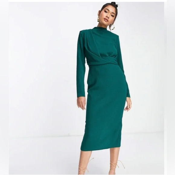 slim fit dress slacks ASOS DESIGN Bare Shoulder Prom Scuba Midi Dress In Forest Green